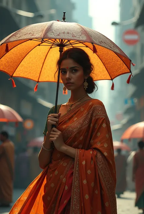 A saree girl hiding face with umbrella waiting in the city