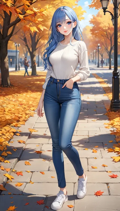 ((best quality, masterpiece:1.3, 8K)), (detailed), highly detailed face and skin texture, detailed eyes, full body, outdoor, daytime, autumn, (slender body:1.1), 1girl, (solo), white skin, bright lips, seductive smile, long hair, random hair colour, casual...