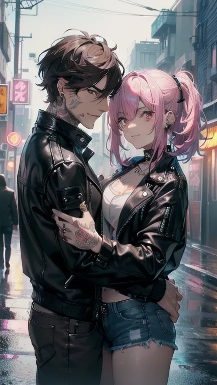 ((masculine, mature man, dark brown haired man, dark brown eyes, sleepy eyes, punk leather jacket, ripped tight jeans, ears piercings, hugging a woman)), (man look at viewer), (night time), (neon light, detailed lighting), ((detailed background)), ((night ...