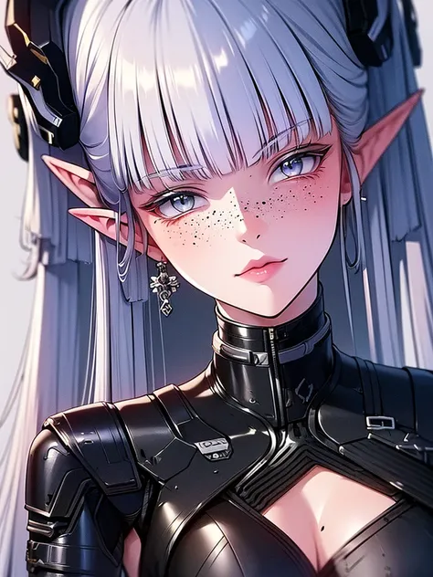 a close up of a female, pastel goth, big elf girl with freckles, light grey eyes, pointy ears, freckles, many freckles on face, white horns, unreal 5. rpg portrait, 8k portrait render, unreal engine 5, beautiful female elf, unreal engine character art, fem...