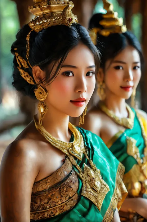 (three women), full body image, realistic details, sharp picture, thai girl dressed in the style of the ancient ayutthaya kingdo...