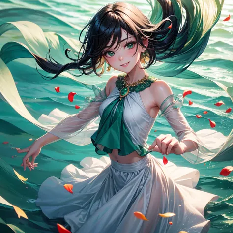 One beautiful and tender portrait of a playful sweet girl with short boyish hair., black hair, Emerald Green Sea, mischievous smile, Dancing petals, (top quality, masterpiece, Ultra-realistic) and petals, floating in the background