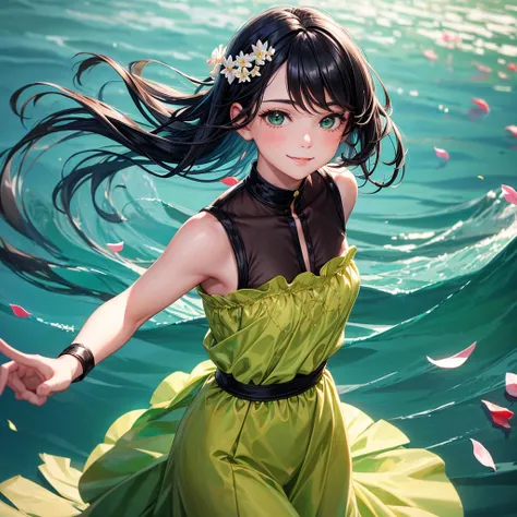 One beautiful and tender portrait of a playful sweet girl with short boyish hair., black hair, Emerald Green Sea, mischievous smile, Dancing petals, (top quality, masterpiece, Ultra-realistic) and petals, floating in the background