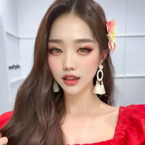 a close up of a woman with long hair wearing a red dress, popular south korean makeup, popular korean makeup, beautiful south korean woman, ulzzang, wan adorable korean face, beautiful young korean woman, gorgeous young korean woman, sexy face with full ma...