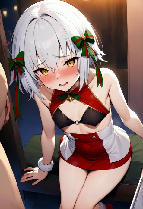 NSFW,masterpiece,Highest quality,High resolution,Very detailed,,Joan of Arc Horta Santa Lily(Fate/grandorder),(White Hair),Short Hair,Headpiece,Golden Eyes,Small breasts,Red and white santa costume,Two-tone,White cut-in dress,mini skirt,Black bikini top,Kn...