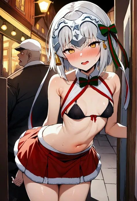 NSFW,masterpiece,Highest quality,High resolution,Very detailed,,Joan of Arc Horta Santa Lily(Fate/grandorder),(White Hair),Short Hair,Headpiece,Golden Eyes,Small breasts,Red and white santa costume,Two-tone,White cut-in dress,mini skirt,Black bikini top,Kn...