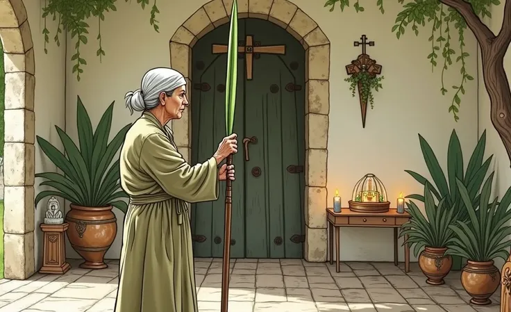 Create a detailed scene featuring an elderly Brazilian woman holding a Espada de São Jorge (Saint Georges Sword) plant. This plant is characterized by a single, long, and narrow leaf that resembles a sword or lance, rather than having multiple leaves. The ...