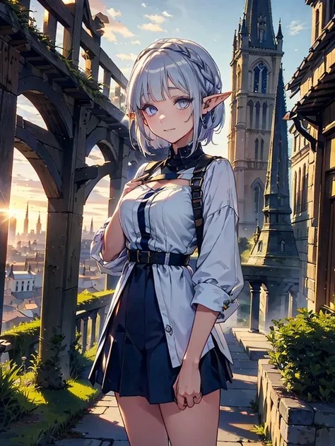 The cathedral is in the background、Medieval cityscape at sunset,　Wide Road、Pointed Ears、Elf、blue eyes、Green casual clothing、Long eyelashes、Silver braided short hair