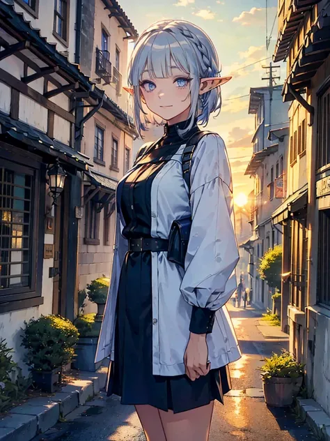 The cathedral is in the background、Medieval cityscape at sunset,　Wide Road、Pointed Ears、Elf、blue eyes、Green casual clothing、Long eyelashes、Silver braided short hair