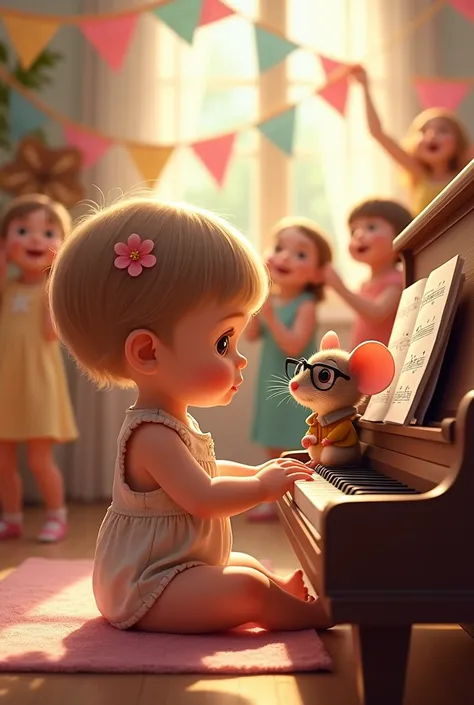 Many children Radiator on background wall, with party decoration, chocolate and nougat and anise balls Baby girl 1 month old with very short hair, small with light brown hair with a flower adorning one side of her hair, sitting next to a piano and playing ...