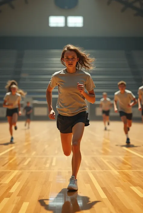 A high school student runs through the gym, 