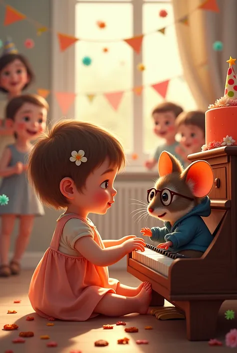 Many children Radiator on background wall, with party decoration, chocolate and nougat and anise balls Baby girl 1 month old with very short hair, small with light brown hair with a flower adorning one side of her hair, sitting next to a piano and playing ...