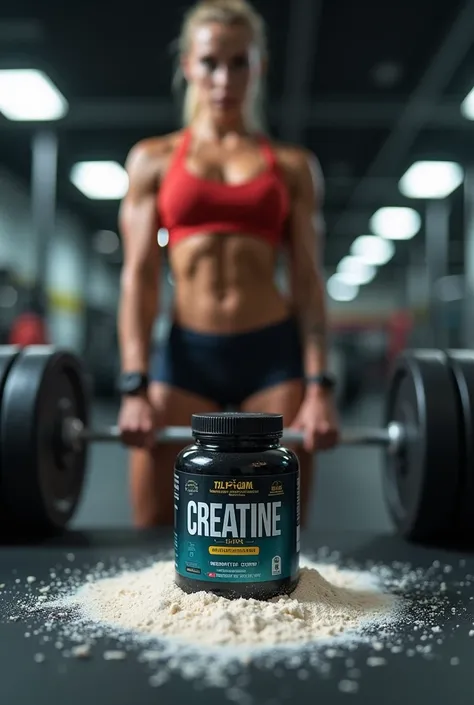 small jar of creatine on top of weight training equipment with white powder spilled beside it, with a strong woman behind in a gym with a blurred image