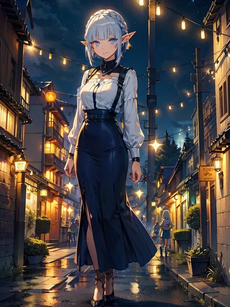 Illuminated in orange、Medieval cityscape at night,　Wide Road、Pointed Ears、Elf、blue eyes、Green casual clothing、Long eyelashes、Silver braided short hair