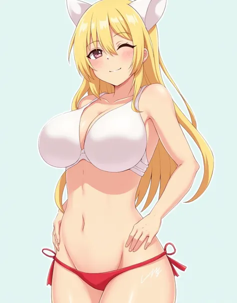 anime character, 1girl, blonde hair, micro bikini, enormous breasts, wide hip, slim waist, closed one eye, pink lip,