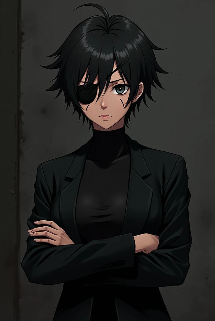 an anime girl with dark skin, arms crossed, wearing black clothes and jacket, black eyes, scar on her face, using a eye patch, short hair, turtleneck, muscular 