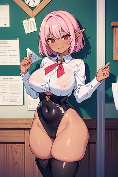 1 Cute naughty receptionist, (dark elf, dark skin:1.4), Pastel colors hair, (large breasts:1.2, Thighs:1.2, thick legs:1.2, curvy:1.2), (pink hair, short hair, flipped hair:1.2, tired hair, hair intakes), red eyes, (naked:1.2), standard height, (slant eyes...