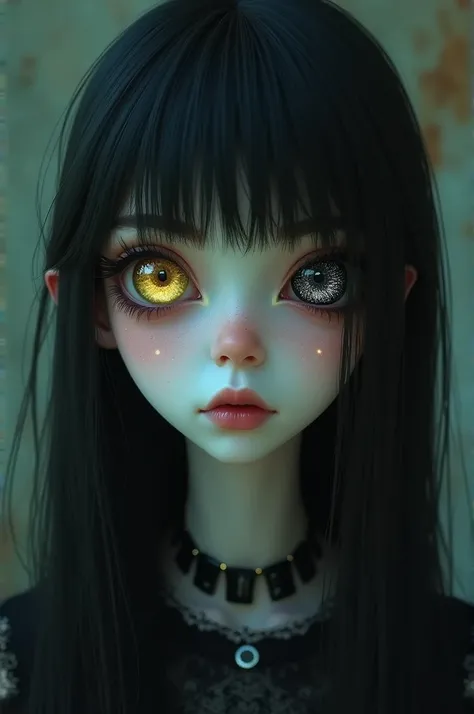 A girl with great beauty, who has hair as black as night, soft and extremely straight. Her left eye is golden and the right one is completely black, she has pale white skin, she looks like a Tim Burton character