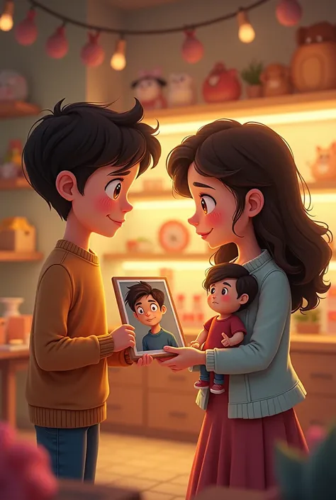 “A heartfelt scene showing a  presenting a photo of himself to lady in a store. , and his eyes are full of hope and sadness. The background should feature the store setting, with soft lighting to highlight the emotional moment. The focus should be on the c...