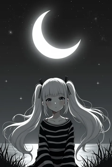 female character, anime white hair with pigtails., black and white shirt,  background a moon

