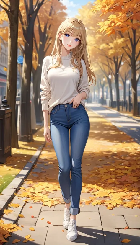 ((best quality, masterpiece:1.3, 8K)), (detailed), highly detailed face and skin texture, detailed eyes, full body, outdoor, daytime, autumn, (slender body:1.1), 1girl, (solo), white skin, bright lips, seductive smile, long hair, straight hair, blonde hair...