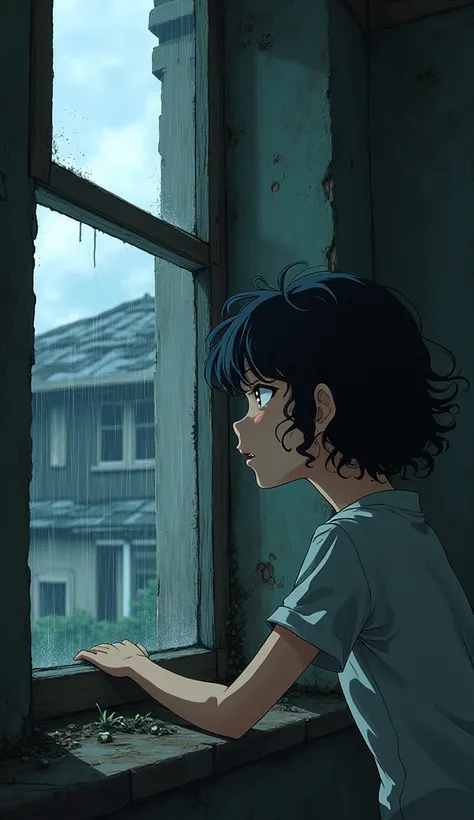 2D anime  a  old rough house ,girl with curly  messy hairs looking farward through open window, right side angle , rainy cloudy weather 