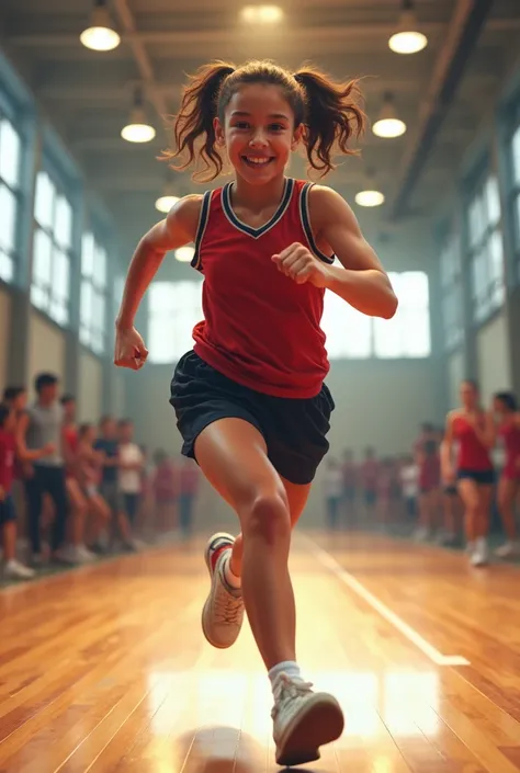 A high school student runs through the gym showing off her elbow 