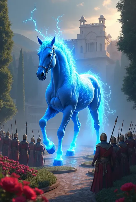 A dangerous blue horse walk on a beautiful garden  a horse also glow a lightning of blue colour he walk on a king garden and enjoy the moments 
In front of the horse a  big rajsthani  king fort are seeing which are powerful 

The hieght of the horse not mo...