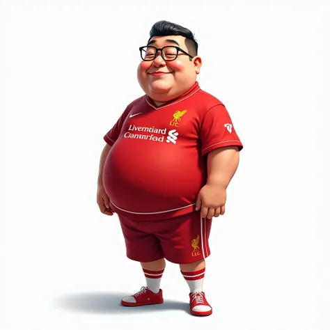 Fat Thai man, about 4, short hair, smiling in manga style, bowing in Thai style and wearing Liverpool shirt, wearing glasses, standing in cartoon style. High quality dynamic photo, detailed and colorful, realistic and colorful pose, white background.