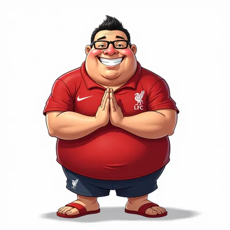 Fat Thai man, about 4, short hair, smiling in manga style, bowing in Thai style and wearing Liverpool shirt, wearing glasses, standing in cartoon style. High quality dynamic photo, detailed and colorful, realistic and colorful pose, white background.