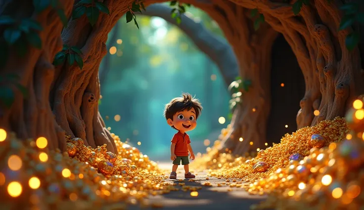 Boy image for YouTube video story in Pixar style, He is a little Alla Bester., He is the class leader., He is about to go out., Playful and curious about many things, short hair,Jack entered the tree and found a room filled with glittering gems and sparkli...