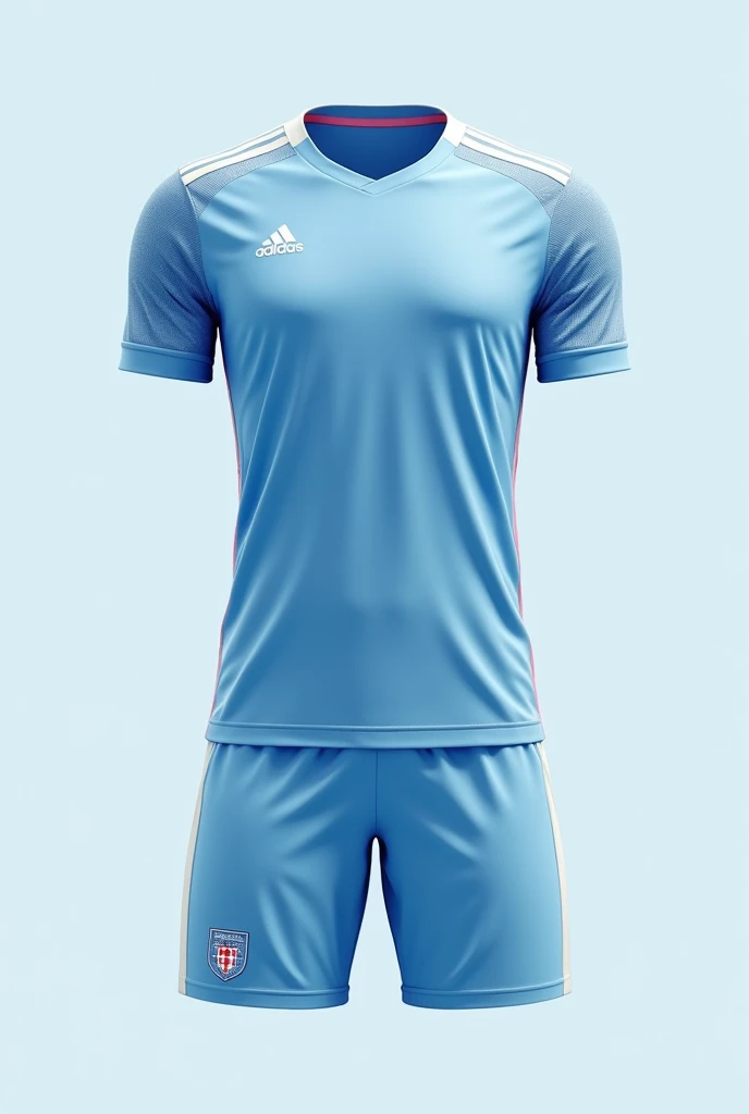 A men&#39;s soccer uniform that is light blue with white lines on the shirt and shorts and some very small details and decorations in pink or fuchsia on the shirt and shorts.