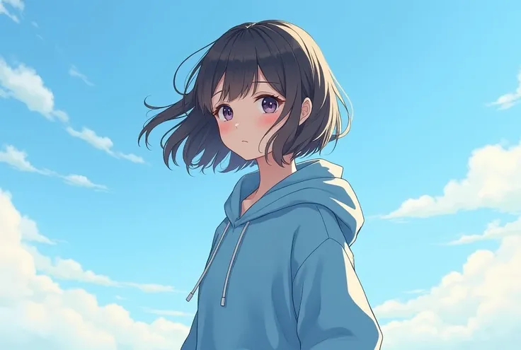 A girl wearing a blue hoodie with a beautiful sky