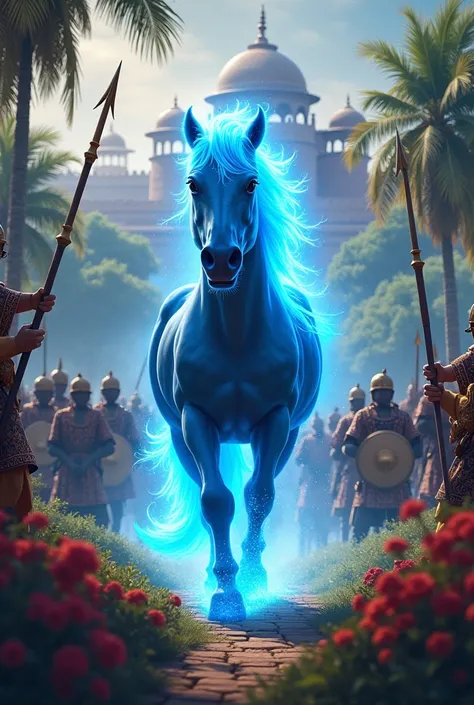 A dangerous blue horse walk on a beautiful garden  a horse also glow a lightning of blue colour he walk on a king garden and enjoy the moments 
In front of the horse a  big rajsthani  king fort are seeing which are powerful 
 
To stop the horse some Soldie...