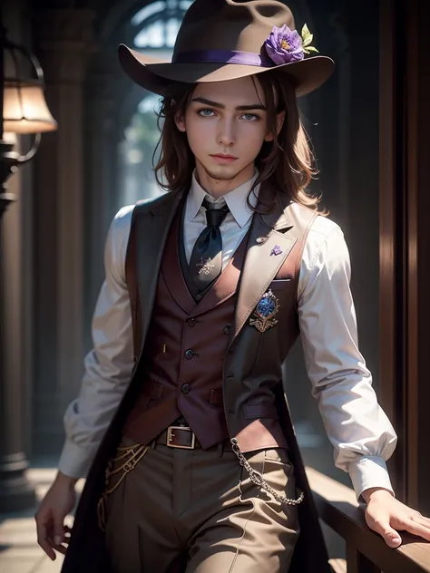 Alone, High resolution, looking at the viewer, violet eyes, masterpiece, The best quality, Awarded many times, detail, HD Model, details altos, high quality, quality, Very detailed, UHD, pale, Fedora, blurred, young, Chico, man, 1male, Brown hair, fantasy,