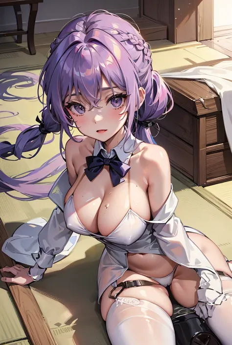 ((masterpiece)), ((Best quality)), (high resolution), (illustration), (an extremely delicate and beautiful), (ultra detailed beautiful face and eyes), nsfw,   1girl, leaning forward,  YukineChris, long hair, purple eyes, twintails, low twintails, ahoge, la...