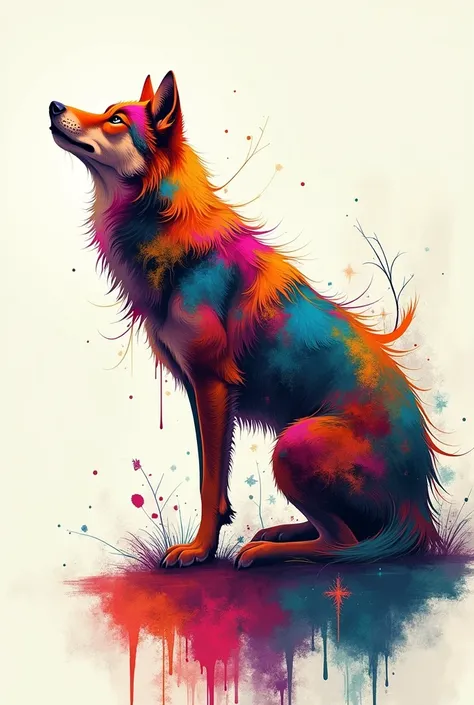 Image of an abstract wolf with many colors that looks aesthetically beautiful to put in a painting, that is not hyper realistic but not completely animated either