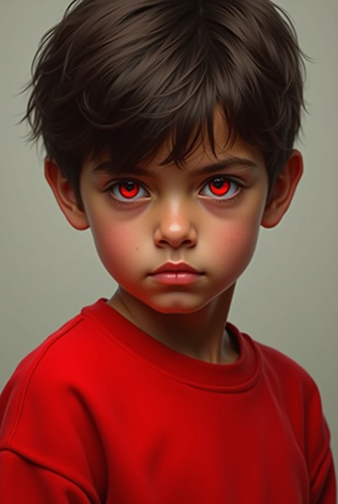 Boy with dark brown hair, red eyes, red sweatshirt, brown skin

