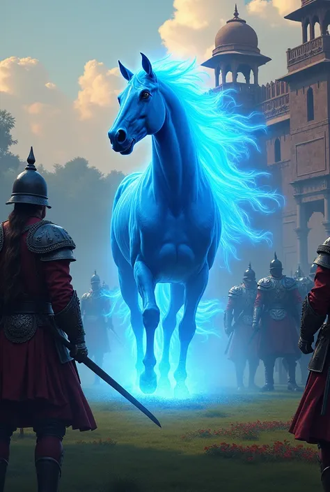 A dangerous blue horse walk on a beautiful garden  a horse also glow a lightning of blue colour he walk on a king garden and enjoy the moments 
In front of the horse a  big rajsthani  king fort are seeing which are powerful 
 
To stop the horse some Soldie...