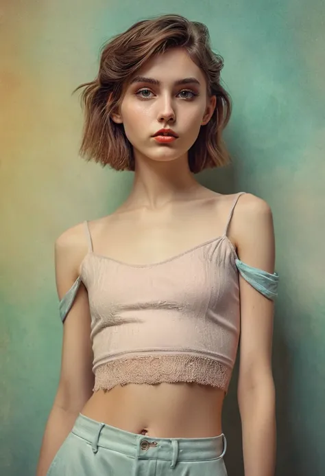 (Cinematic photo:1.3) From (Thigh-length photos:1.3),(skinny:1.3) ((CROPTOP, NAVEL)) Beautiful  girl, (complex brown hair), Highly detailed texture кожи, realistic texture кожи, looks straight into the camera, (looks at the viewer) ), pout, , Shine, Dramat...