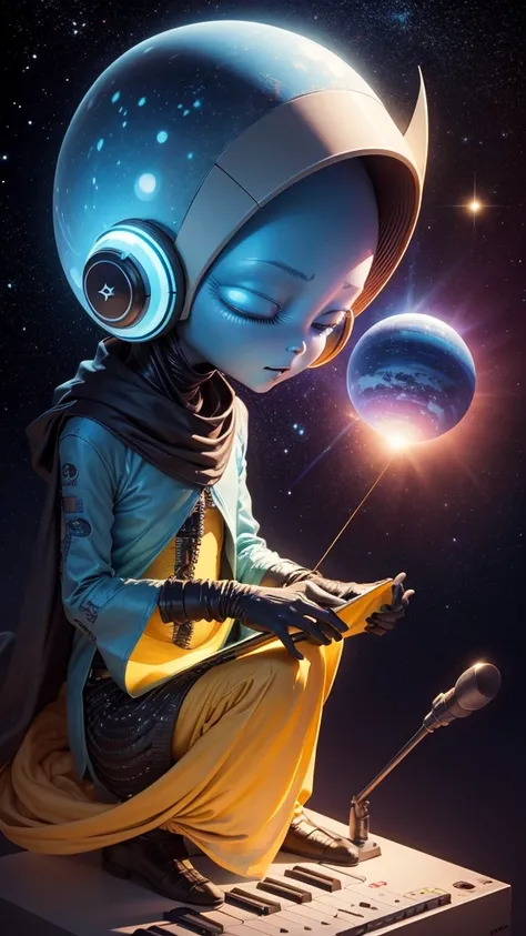 An alien plays music on his planet and sings, stars and planets observe him