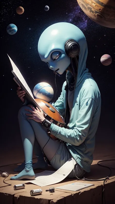 An alien plays music on his planet and sings, stars and planets observe him