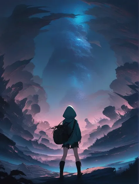 score_9, score_8_up, score_7_up, score_anime, masterpiece, top quality, delicate illustration, sharp lines, sharp focus, BREAK, a traveling girl wandering in the endless night world, the girl wears a hood and has a lot of stuff in her backpack, night , fan...