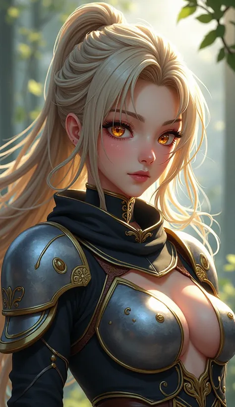 Anime-style masterpiece, vibrant heroine, one eye enchantingly closed, displaying confidence and power, female hunter exuding boldness, flowing ash blonde hair cascading elegantly down her back, textured and detailed strands accentuating movement, adorned ...