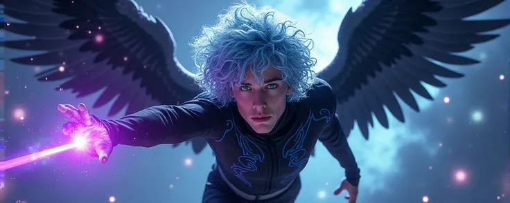 Um jovem homem adulto com cabelos cacheados Azul e branco de olhos verdes vibrantes, com uma roupa preta com desenhos azuis, holding a purple ray in his left hand with a pair of black wings on his back flying across the starry sky