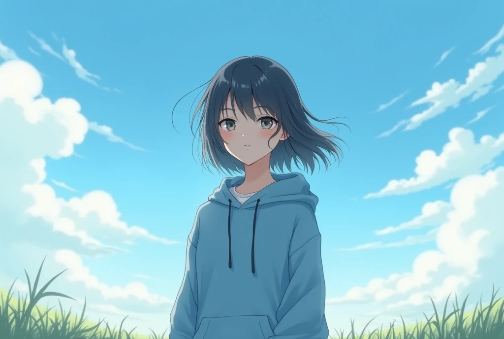 A girl wearing a blue hoodie with a beautiful sky