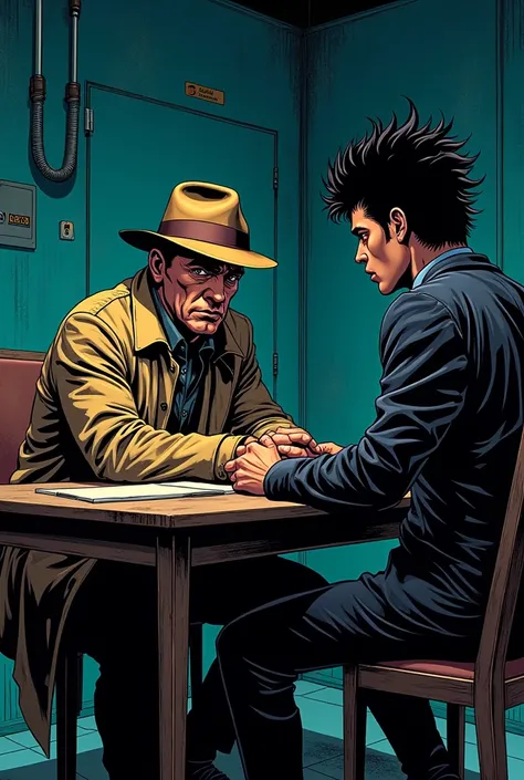 detective (The detective has brown hair and wears a brown hat and a beige trench coat.) The detective is sitting at a table interrogating a young man in an interrogation room.. (The young man has rock clothes, black fur, and has a serious expression). Do i...