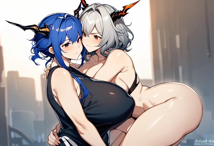 Two milf hugging each other romantically,Chen and Talulah(from Arknights,Chen has a blue hair while Taluah has a grey hair,both have dragon horn),sfw,curvy body