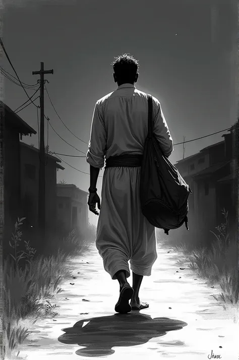 a indian adult men returning village with a bag in night sketch image