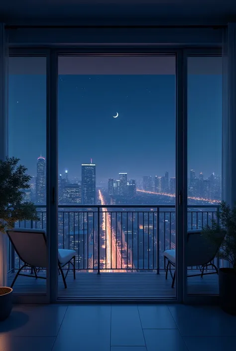 A balcony , with sliding glass doors night view
